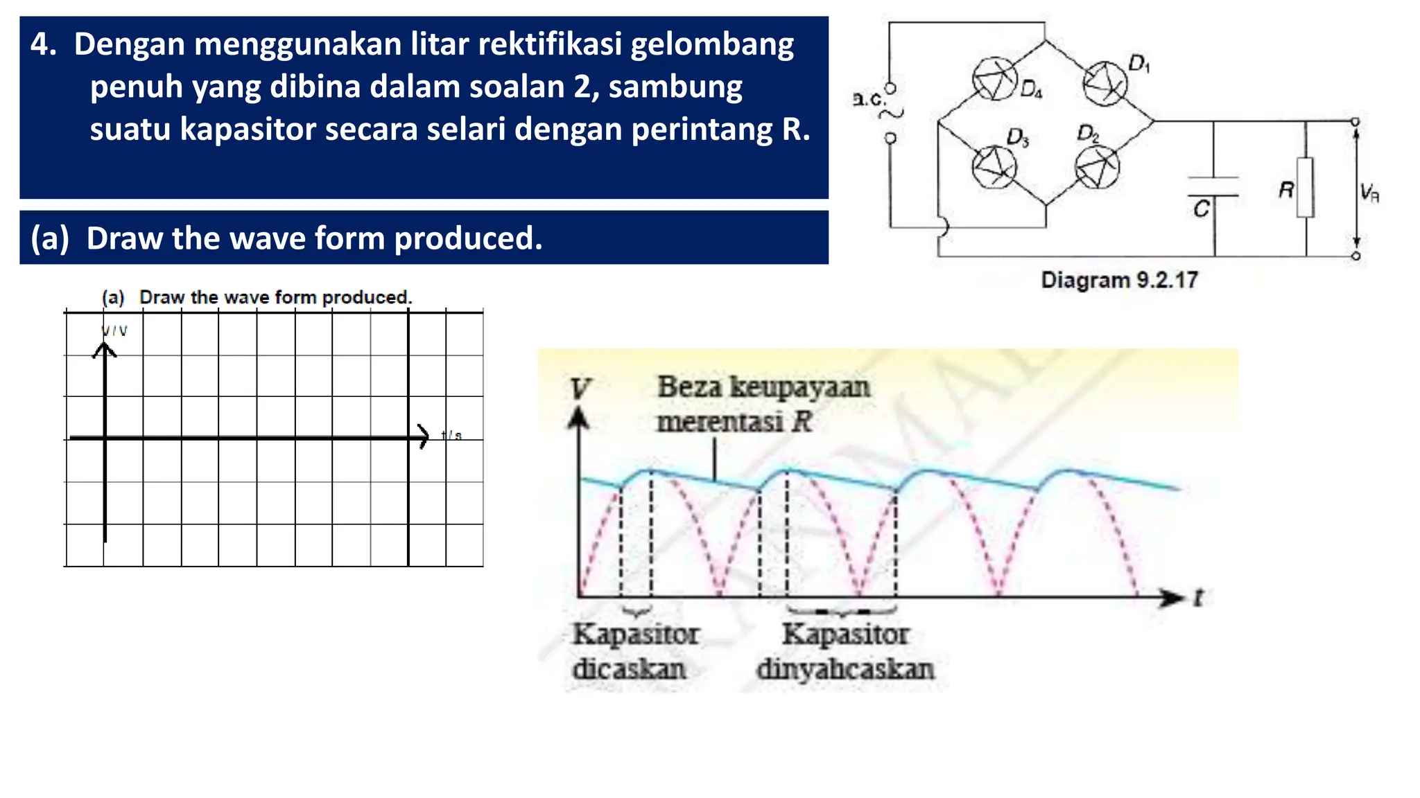 4. Dengan menggunakan litar rektifikasi gelombang
penuh yang dibina dalam soalan 2, sambung
suatu kapasitor secara selari dengan perintang R.
(a) Draw the wave form produced.
 