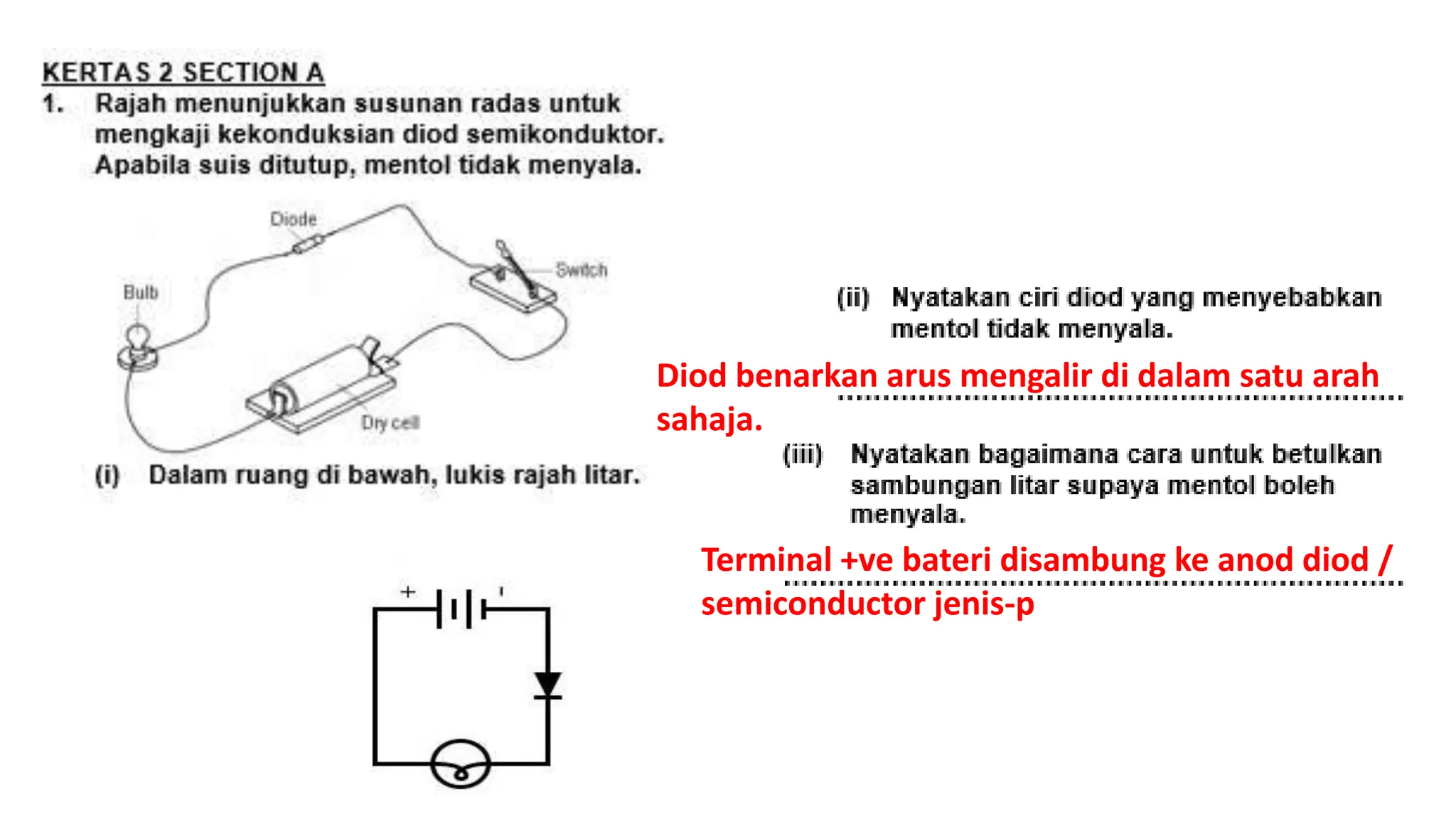 Diod benarkan arus mengalir di dalam satu arah
sahaja.
Terminal +ve bateri disambung ke anod diod /
semiconductor jenis-p
 