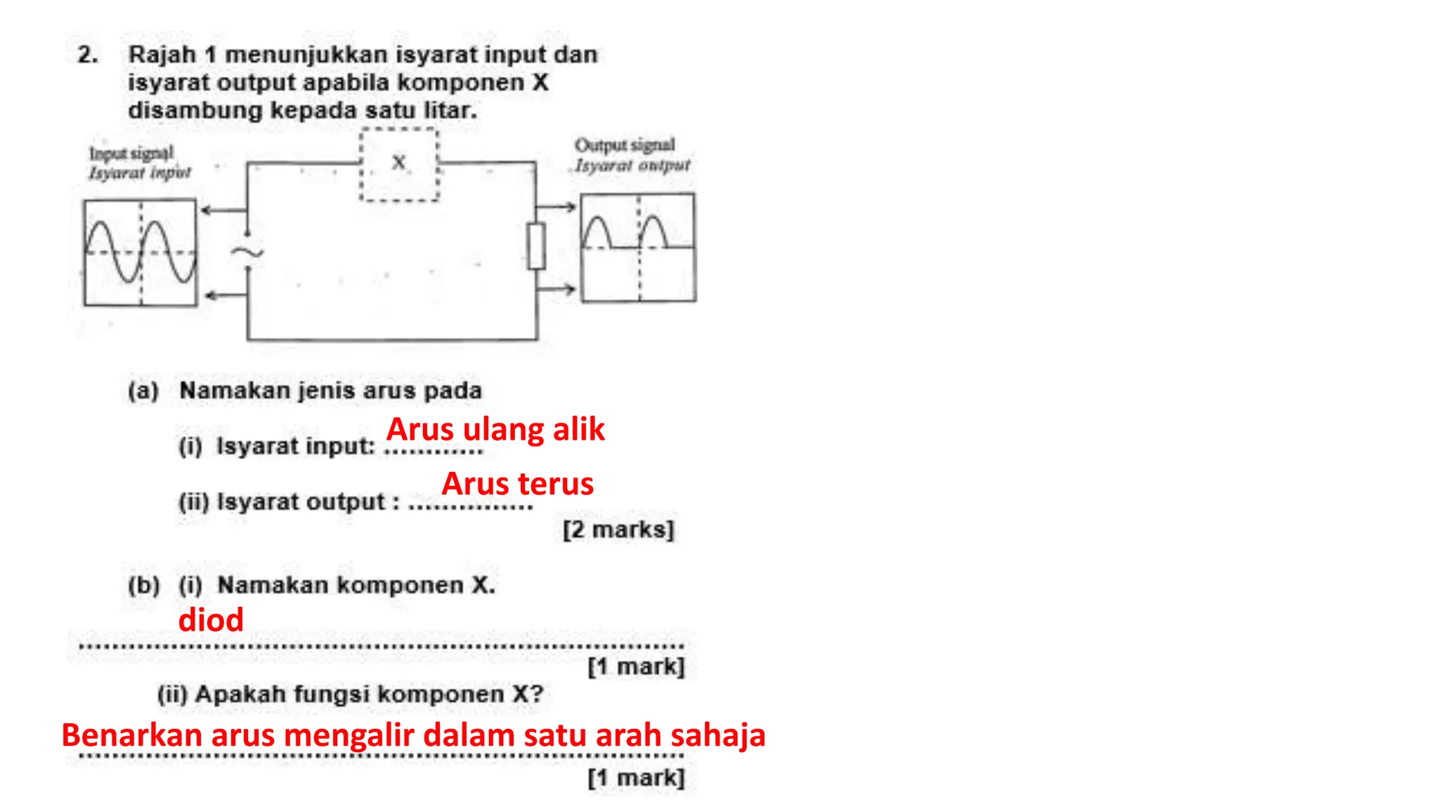 Arus ulang alik
Arus terus
diod
Benarkan arus mengalir dalam satu arah sahaja
 