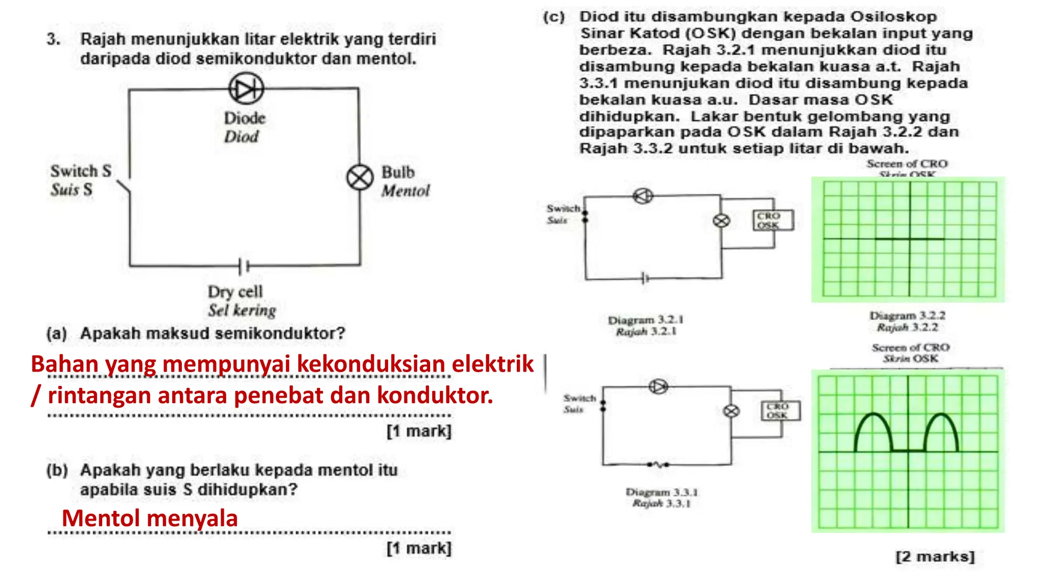 Mentol menyala
Bahan yang mempunyai kekonduksian elektrik
/ rintangan antara penebat dan konduktor.
 