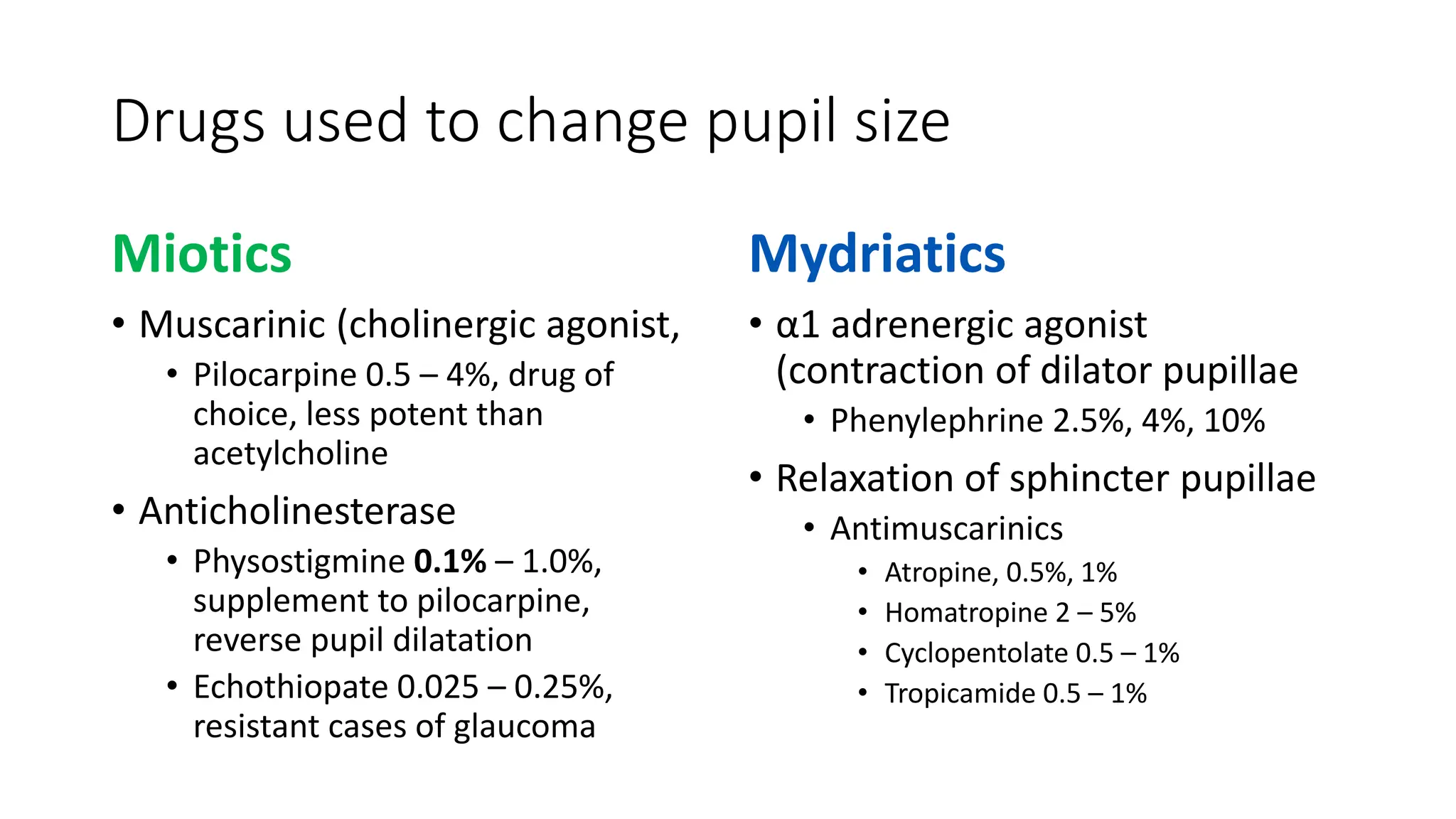 Drugs used to change pupil size
Miotics
• Muscarinic (cholinergic agonist,
• Pilocarpine 0.5 – 4%, drug of
choice, less potent than
acetylcholine
• Anticholinesterase
• Physostigmine 0.1% – 1.0%,
supplement to pilocarpine,
reverse pupil dilatation
• Echothiopate 0.025 – 0.25%,
resistant cases of glaucoma
Mydriatics
• α1 adrenergic agonist
(contraction of dilator pupillae
• Phenylephrine 2.5%, 4%, 10%
• Relaxation of sphincter pupillae
• Antimuscarinics
• Atropine, 0.5%, 1%
• Homatropine 2 – 5%
• Cyclopentolate 0.5 – 1%
• Tropicamide 0.5 – 1%
 