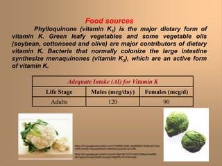 Food sources
Phylloquinone (vitamin K1) is the major dietary form of
vitamin K. Green leafy vegetables and some vegetable oils
(soybean, cottonseed and olive) are major contributors of dietary
vitamin K. Bacteria that normally colonize the large intestine
synthesize menaquinones (vitamin K2), which are an active form
of vitamin K.
Adequate Intake (AI) for Vitamin K
Life Stage Males (mcg/day) Females (mcg/d)
Adults 120 90
https://lh3.googleusercontent.com/4bTalpVNETUTfYzkWCDlMipu0uta5BB
a8YAgGcU7pJqAZ5qWFdvcqets72djHIRU74YVSA=s85
https://lh3.googleusercontent.com/LPiqfNRCGpM_4kg5M8XETAbMcq91Zctly
mMFmAtX5n1UjLy6q0hNJ214N6UEboCpZUEmxw=s85
 