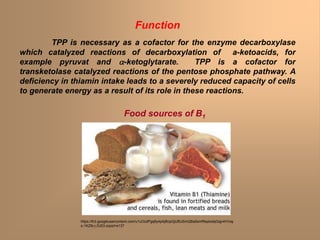 Function
TPP is necessary as a cofactor for the enzyme decarboxylase
which catalyzed reactions of decarboxylation of a-ketoacids, for
example pyruvat and a-ketoglytarate. TPP is a cofactor for
transketolase catalyzed reactions of the pentose phosphate pathway. A
deficiency in thiamin intake leads to a severely reduced capacity of cells
to generate energy as a result of its role in these reactions.
Food sources of B1
https://lh3.googleusercontent.com/u1uOcdPgq6y4pAjBcpGjUBUSmQBa5smfNqdxxtqGqjv4VVay
o-1KZtb-j-ZcE0-zzpsI=s137
 