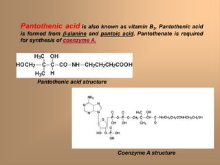 Pantothenic acid is also known as vitamin B5. Pantothenic acid
is formed from -alanine and pantoic acid. Pantothenate is required
for synthesis of coenzyme A.
Pantothenic acid structure
Coenzyme A structure
 