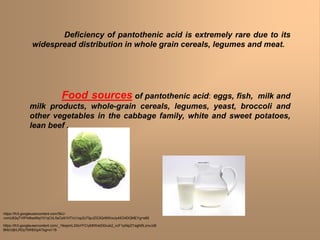 Deficiency of pantothenic acid is extremely rare due to its
widespread distribution in whole grain cereals, legumes and meat.
Food sources of pantothenic acid: eggs, fish, milk and
milk products, whole-grain cereals, legumes, yeast, broccoli and
other vegetables in the cabbage family, white and sweet potatoes,
lean beef .
https://lh3.googleusercontent.com/5kU-
vvmU63qTVtPI48wdNqY01qCIiL5sCs91HTVc1opZz73pJZG3Qr6tWzuIy45O4DQMEYg=s85
https://lh3.googleusercontent.com/_1feqsmL3XsYFCryMtWxbD0cuk2_vcF1piNpZYagN5LznxJzB
6MzVj8rLRDy7tWBGpA7sg=s116
 