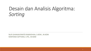 Desain dan Analisis Algoritma:
Sorting
1
NUR GHANIAVIYANTO RAMADHAN, S.KOM., M.KOM
MARYONA SEPTIARA, S.PD., M.KOM
 