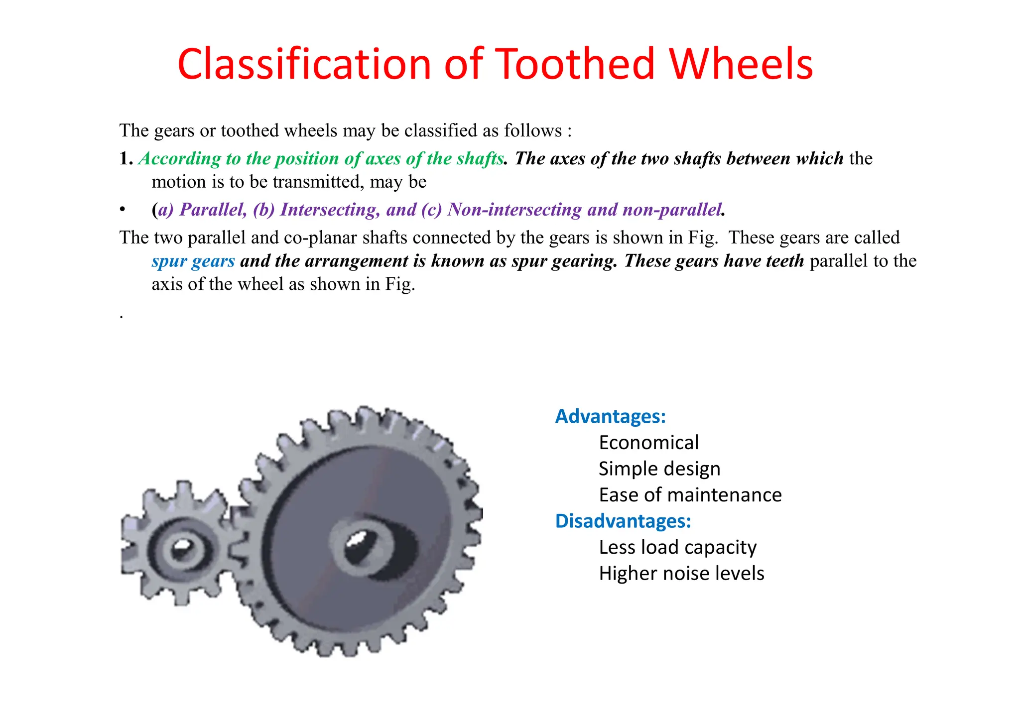 Classification of Toothed Wheels
The gears or toothed wheels may be classified as follows :
1. According to the position of axes of the shafts. The axes of the two shafts between which the
motion is to be transmitted, may be
• (a) Parallel, (b) Intersecting, and (c) Non-intersecting and non-parallel.
The two parallel and co-planar shafts connected by the gears is shown in Fig. These gears are called
spur gears and the arrangement is known as spur gearing. These gears have teeth parallel to the
axis of the wheel as shown in Fig.
.
Advantages:
Economical
Simple design
Ease of maintenance
Disadvantages:
Less load capacity
Higher noise levels
 