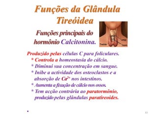 Produzido pelas células C para foliculares.
* Controla a homeostasia do cálcio.
* Diminui sua concentração em sangue.
* Inibe a actividade dos osteoclastos e a
absorção de Ca2+ nos intestinos.
* Aumentaafixaçãodecálcionosossos.
* Tem acção contrária ao paratormônio,
produzidopelas glândulas paratireoides.
•
Funções da Glândula
Tireóidea
Funções principais do
hormônio Calcitonina.
33
 