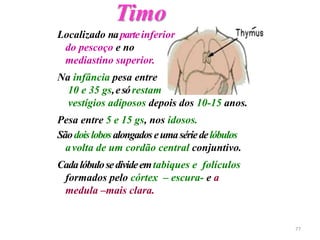 Localizado naparteinferior
do pescoço e no
mediastino superior.
Na infância pesa entre
10 e 35 gs,esórestam
vestígios adiposos depois dos 10-15 anos.
Pesa entre 5 e 15 gs, nos idosos.
Sãodoislobosalongadoseumasériedelóbulos
avolta de um cordão central conjuntivo.
Timo
Cadalóbulosedivideemtabiques e folículos
formados pelo córtex – escura- e a
medula –mais clara.
77
 