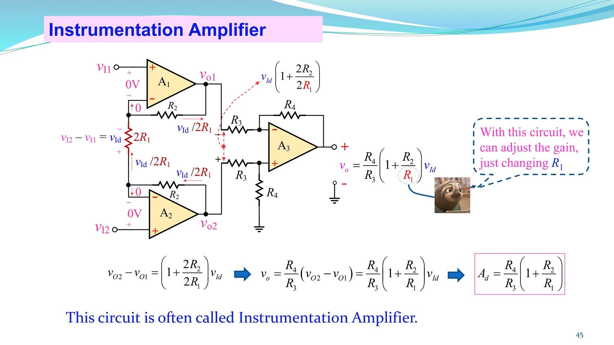 0
+
- R2
A1
2R1
R3
A2
R2
+
-
-
vo2
vo1
R4
A3
-
R4
+
R3
+
vI1
vI2
0
+
_
0V
0V
+
_
+
_
vI2 – vI1 = vId
vId /2R1
vId /2R1
vId /2R1
Instrumentation Amplifier
45
2
2 1
1
2
1
2
O O Id
R
v v v
R
 
− = +
 
 
( )
4 4 2
2 1
3 3 1
1
o O O Id
R R R
v v v v
R R R
 
= − = +
 
 
4 2
3 1
1
d
R R
A
R R
 
= +
 
 
This circuit is often called Instrumentation Amplifier.
4 2
3 1
1 I
o d
R
v
R R
R
v
 
= +
 
 
1
2
2
1
2
Id
v
R
R
 
+
 
 
+
_ With this circuit, we
can adjust the gain,
just changing R1
 
