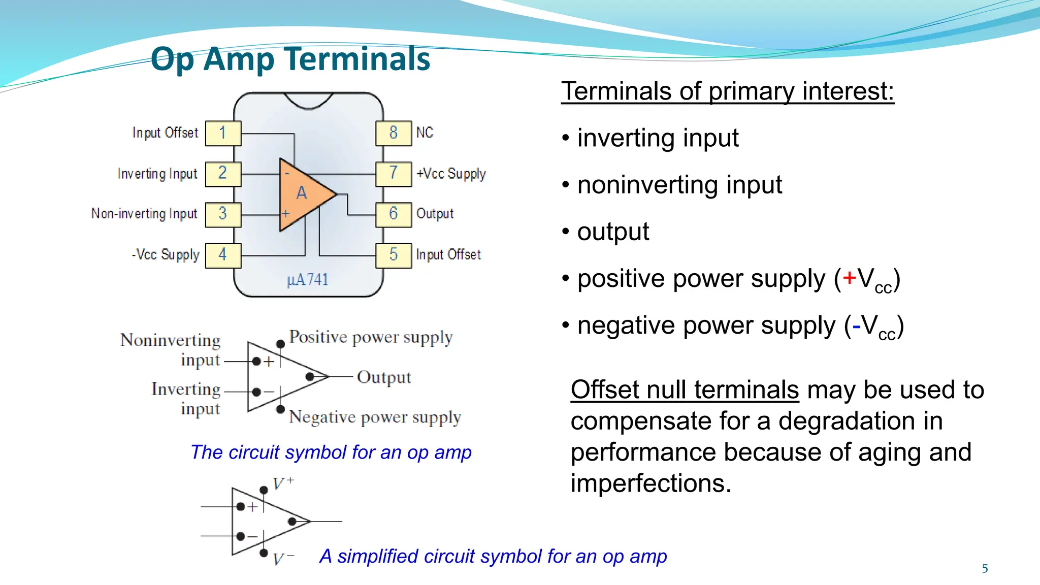 Op Amp Terminals
Terminals of primary interest:
• inverting input
• noninverting input
• output
• positive power supply (+Vcc)
• negative power supply (-Vcc)
Offset null terminals may be used to
compensate for a degradation in
performance because of aging and
imperfections.
The circuit symbol for an op amp
A simplified circuit symbol for an op amp 5
 