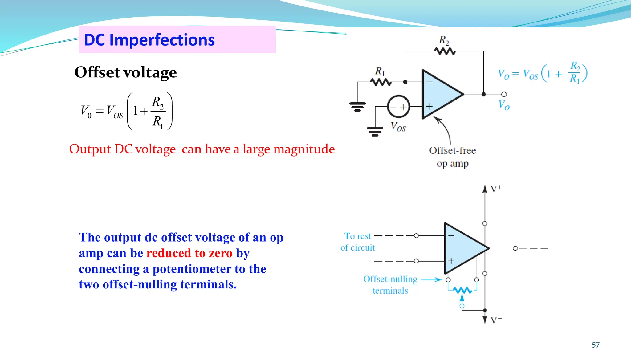 DC Imperfections
Offset voltage
Output DC voltage can have a large magnitude
The output dc offset voltage of an op
amp can be reduced to zero by
connecting a potentiometer to the
two offset-nulling terminals.
57
2
0
1
1
OS
R
V V
R
 
= +
 
 
 
