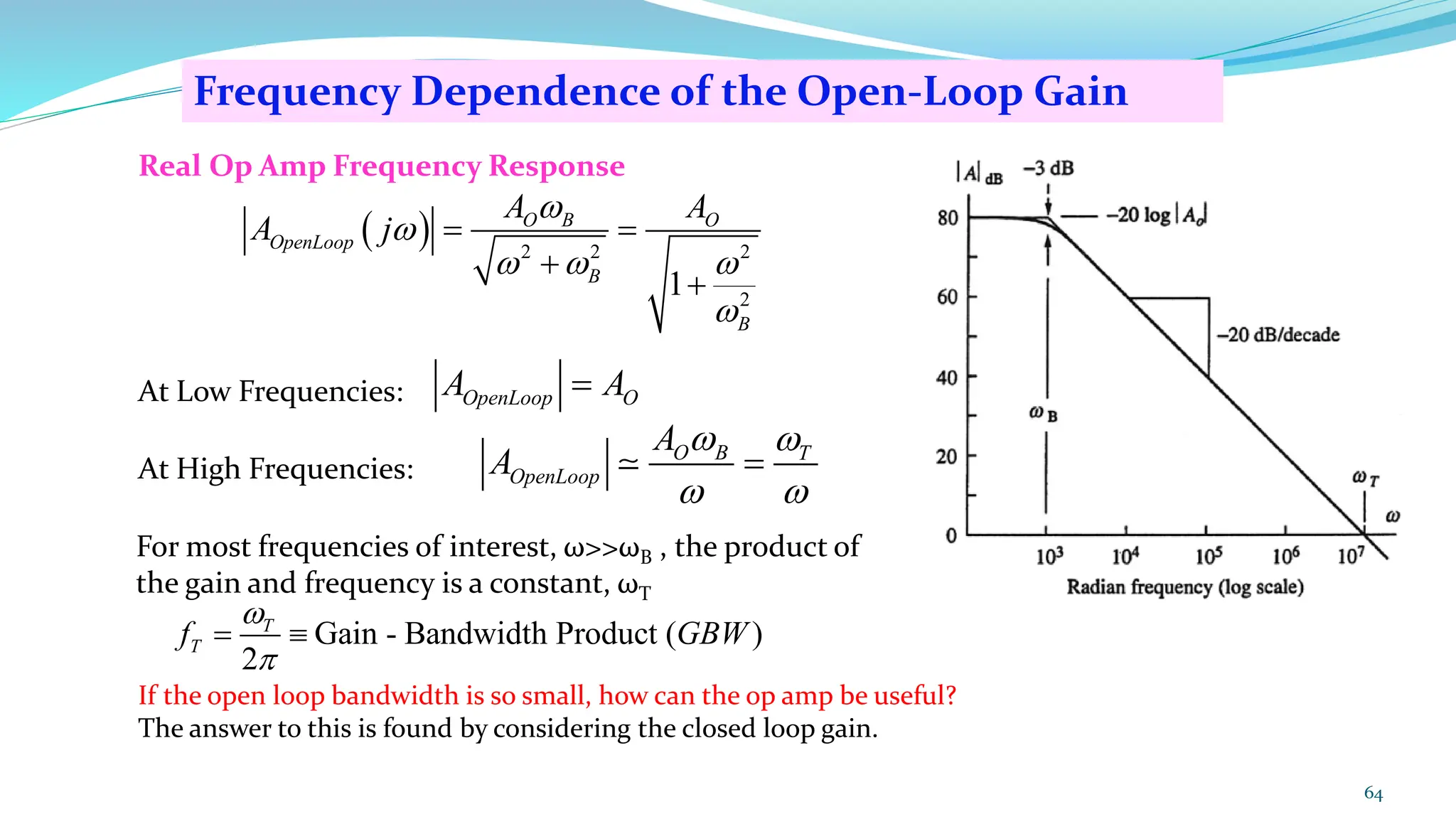 64
Frequency Dependence of the Open-Loop Gain
Real Op Amp Frequency Response
( ) 2 2 2
2
1
O B O
OpenLoop
B
B
A A
A j


  

= =
+
+
At Low Frequencies: OpenLoop O
A A
=
At High Frequencies:
O B T
OpenLoop
A
A
 
 
=
For most frequencies of interest, ω>>ωB , the product of
the gain and frequency is a constant, ωT
Gain - Bandwidth Product ( )
2
T
T
f GBW


= 
If the open loop bandwidth is so small, how can the op amp be useful?
The answer to this is found by considering the closed loop gain.
 