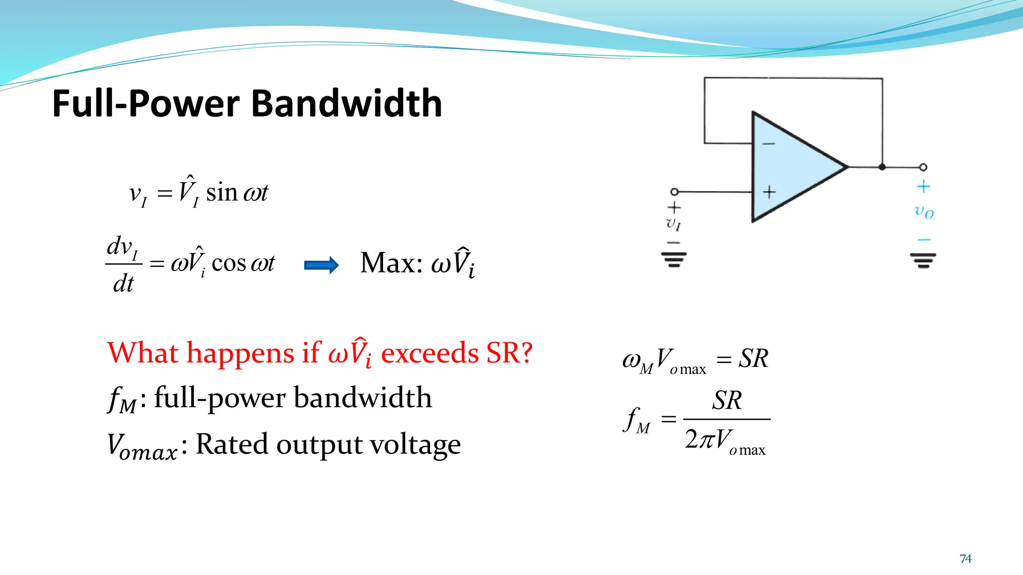 Full-Power Bandwidth
Max: 𝜔 ෠
𝑉𝑖
What happens if 𝜔 ෠
𝑉𝑖 exceeds SR?
𝑓𝑀: full-power bandwidth
𝑉
𝑜𝑚𝑎𝑥: Rated output voltage
74
ˆ cos
I
i
dv
V t
dt
 
=
max
max
2
M o
M
o
V SR
SR
f
V


=
=
ˆ sin
I I
v V t

=
 