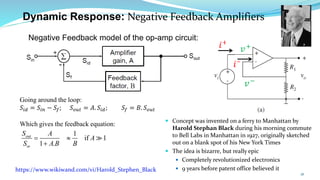 16
Dynamic Response: Negative Feedback Amplifiers
Negative Feedback model of the op-amp circuit:
Going around the loop:
𝑆𝑖𝑑 = 𝑆𝑖𝑛 − 𝑆𝑓; 𝑆𝑜𝑢𝑡 = 𝐴. 𝑆𝑖𝑑; 𝑆𝑓 = 𝐵. 𝑆𝑜𝑢𝑡
Which gives the feedback equation:
1
if 1
1 .
out
in
S A
A
S A B B
= 
+
https://www.wikiwand.com/vi/Harold_Stephen_Black
 Concept was invented on a ferry to Manhattan by
Harold Stephan Black during his morning commute
to Bell Labs in Manhattan in 1927, originally sketched
out on a blank spot of his New York Times
 The idea is bizarre, but really epic
 Completely revolutionized electronics
 9 years before patent office believed it
 