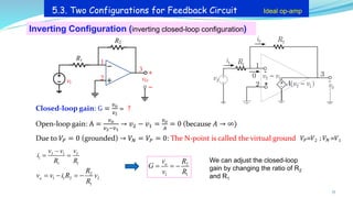 Inverting Configuration (inverting closed-loop configuration)
5.3. Two Configurations for Feedback Circuit Ideal op-amp
Closed-loop gain: G =
𝑣𝑜
𝑣𝐼
= ?
Open-loop gain: A =
𝑣𝑜
𝑣2−𝑣1
→ 𝑣2 − 𝑣1 =
𝑣𝑜
𝐴
= 0 (because 𝐴 → ∞)
Due to 𝑉𝑃 = 0 (grounded) → 𝑉𝑁 = 𝑉𝑃 = 0: The N-point is called the virtual ground
17
1
1
1 1
I I
v v v
i
R R
−
= =
2
1 1 2
1
o I
R
v v i R v
R
= − = −
2
1 1
o
v R
G
v R
= = −
R1
vO
_
+
vI
R2
2
1
3
+
_
𝑉𝑃𝑉2 ; 𝑉𝑁 𝑉1
We can adjust the closed-loop
gain by changing the ratio of R2
and R1
 