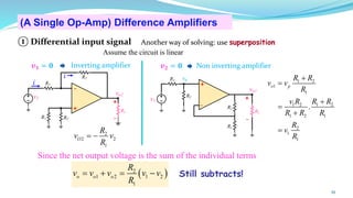 39
(A Single Op-Amp) Difference Amplifiers
Another way of solving: use superposition
Assume the circuit is linear
① Differential input signal
𝒗𝟐 = 𝟎
Inverting amplifier
𝒗𝟏 = 𝟎 Non inverting amplifier
2
2 2
1
O
R
v v
R
= −
+
-
R1
R2
vo2
v2
R1 R2
RL
i
i
+
-
+
-
R1
R2
v1
vo1
R1
R2
RL
vp
+
-
1 2
1
1
1 2 1 2
1 2 1
2
1
1
.
o p
R R
v v
R
v R R R
R R R
R
v
R
+
=
+
=
+
=
( )
2
1 2 1 2
1
o o o
R
v v v v v
R
= + = − Still subtracts!
Since the net output voltage is the sum of the individual terms
 