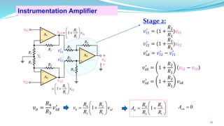 +
-
R2
A1
R1
R3
A2
R2
+
-
-
vo2
vo1
X
R4
A3
-
R4
+
R1
vo
R3
+
vI1
vI2
Stage 2:
𝑣𝐼1
′
= (1 +
𝑅2
𝑅1
)𝑣𝐼1
𝑣𝐼2
′
= (1 +
𝑅2
𝑅1
)𝑣𝐼2
𝑣𝑖𝑑
′
= 𝑣𝐼2
′
− 𝑣𝐼1
′
𝑣𝐼1
′
𝑣𝐼2
′
𝑣𝑖𝑑
′
= 1 +
𝑅2
𝑅1
𝑣𝐼2 − 𝑣𝐼1
𝑣𝑖𝑑
′
= 1 +
𝑅2
𝑅1
𝑣𝑖𝑑
𝑣𝑜 =
𝑅4
𝑅3
𝑣𝑖𝑑
′
Instrumentation Amplifier
43
4 2
0
3 1
1 Id
R R
v v
R R
 
= +
 
 
4 2
3 1
1
d
R R
A
R R
 
= +
 
 
0
cm
A =
2
2
1
1 I
R
v
R
 
= +
 
 
2
1
1
1 I
R
v
R
 
= +
 
 
 