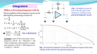 Integrators
Miller or Inverting Integrator with 𝑹𝑭
𝑖1 =
𝑣𝐼
𝑅
𝑍 = 𝑅𝐹 ∥
1
𝑠𝐶
=
𝑅𝐹
1 + 𝑅𝐹𝑠𝐶
𝑣𝑜 = 0 − 𝑖1𝑍 = −
Τ
𝑅𝐹 𝑅
1+𝑠𝑅𝐹𝐶
𝑣𝑖
51
0 ( ) /
( ) 1
F
i F
V s R R
V s sCR
= −
+
(in s-domain)
Fig.: A feedback resistor RF
lowers the DC gain of the
integrator, creating a more
practical integrator circuit.
Fig.: The practical integrator circuit has a frequency response that starts
out flat at DC and then rolls off with frequency.
Example: a plot of the circuit gain versus
frequency, with R = RF = 1kΩ and C = 1μF.
These component values produce a single-
pole response with the -3 dB frequency of
1/(2πRFC) = 160 Hz.
The dc problem of the integrator circuit can be
alleviated by connecting a resistor RF
 