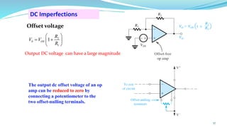 DC Imperfections
Offset voltage
Output DC voltage can have a large magnitude
The output dc offset voltage of an op
amp can be reduced to zero by
connecting a potentiometer to the
two offset-nulling terminals.
57
2
0
1
1
OS
R
V V
R
 
= +
 
 
 