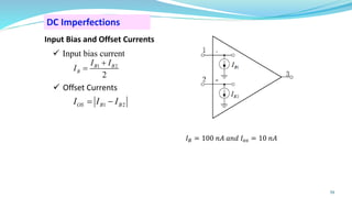 DC Imperfections
Input Bias and Offset Currents
✓ Offset Currents
✓ Input bias current
𝐼𝐵 = 100 𝑛𝐴 𝑎𝑛𝑑 𝐼𝑜𝑠 = 10 𝑛𝐴
59
1 2
2
B B
B
I I
I
+
=
1 2
OS B B
I I I
= −
 