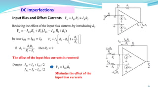 DC Imperfections
Input Bias and Offset Currents
Reducing the effect of the input bias currents by introducing R3
In case 𝐼𝐵1 = 𝐼𝐵2 = 𝐼𝐵
If then 𝑉
𝑜 = 0
The effect of the input bias currents is removed
Denote
Minimize the effect of the
input bias currents
60
1 2 2
o B B
V I R I R
= 
2 3 2 1 2 3 1
( / )
o B B B
V I R R I I R R
= − + −
2
2 3
1
1
o B
R
V I R R
R
 
 
= − +
 
 
 
 
1 2
3
1 2
R R
R
R R
=
+
1
2
/ 2
/ 2
B B OS
B B OS
I I I
I I I
= +
= −
0 2
OS
V I R
=
 