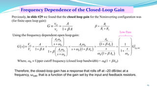 Frequency Dependence of the Closed-Loop Gain
65
Therefore, the closed-loop gain has a response that rolls off at –20 dB/dec at a
frequency, ω3dB, that is a function of the gain set by the input and feedback resistors.
1
O
I
v A
G
v A

 =
+
Previously, in slide #29 we found that the closed loop gain for the Noninverting configuration was
(for finite open loop gain):
1
1 2
R
R R
 =
+
Using the frequency dependent open loop gain:
( )
( )
( )
( )
@
1 1
1 1 1
1
1
O
o B
O
B
O o B
DC
I B O
o B
B O H
B
A
A
A
s
V A
A
G s G
s s
V A s A
A
A
s


 
  


  

   
   
+
+
   
 = = = = =
+ + +
   
+
+  
  +
+  
 
Where, H  Upper cutoff frequency (closed loop bandwidth) = B(1 + AO)
Low Pass
 