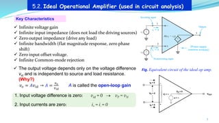 5.2. Ideal Operational Amplifier (used in circuit analysis)
1. Input voltage difference is zero: vid = 0 → vP = vN
2. Input currents are zero: i+ = i- = 0
Key Characteristics
✓ Infinite voltage gain
✓ Infinite input impedance (does not load the driving sources)
✓ Zero output impedance (drive any load)
✓ Infinite bandwidth (flat magnitude response, zero phase
shift)
✓ Zero input offset voltage.
✓ Infinite Common-mode rejection
✓ The output voltage depends only on the voltage difference
vid and is independent to source and load resistance.
(Why?)
𝑣𝑜 = 𝐴𝑣𝑖𝑑 → 𝐴 =
𝑣𝑜
𝑣𝑖𝑑
A is called the open-loop gain
7
Fig. Equivalent circuit of the ideal op amp.
 