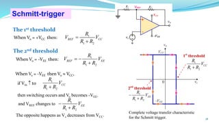 Schmitt-trigger
Complete voltage transfer characteristic
for the Schmitt trigger.
The 1st threshold
78
When Vo = +VCC then: 1
1 2
REF CC
R
V V
R R
=
+
The 2nd threshold
When Vs = -VEE then Vo  VCC,
1
1 2
REF EE
R
V V
R R
= −
+
1
1 2
CC
R
V
R R
+
if Vin  to
then switching occurs and Vo becomes -VEE.
and VREF changes to 1
1 2
EE
R
V
R R
−
+
When Vo = -VEE then:
The opposite happens as Vs decreases from VCC.
1
1 2
EE
R
V
R R
−
+
1
1 2
CC
R
V
R R
+
1st
threshold
vo
vs
-VEE
0
VCC
2nd
threshold
+
-
R1 R2
vs
VCC
-VEE
vo
VREF
 
