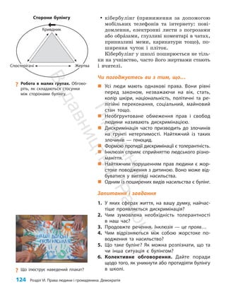 124 Розділ VI. Права людини і громадянина. Демократія
y
y кібербулінг (приниження за допомогою
мобільних телефонів та інтернету: пові­
дом­
лен­
ня, електронні листи з погрозами
або обра́зами, глузливі коментарі в чатах,
принизливі меми, карикатури тощо), по­
ширення чуток і пліток.
Кібербулінг у школі поширюється не тіль­
ки на учнівство, часто його жертвами стають
і вчителі.
Чи погоджуєтесь ви з тим, що…
„
„ Усі люди мають однакові права. Вони рівні
перед законом, незважаючи на вік, стать,
колір шкіри, національність, політичні та ре-
лігійні переконання, соціальний, майновий
стан тощо.
„
„ Необґрунтоване обмеження прав і свобод
людини називають дискримінацією.
„
„ Дискримінація часто призводить до злочинів
на ґрунті нетерпимості. Найтяжчий із таких
злочинів — геноцид.
„
„ Формою протидії дискримінації є толерантність.
„
„ Інклюзія сприяє сприйняттю людського різно-
маніття.
„
„ Найтяжчим порушенням прав людини є жор-
стоке поводження з дитиною. Воно може від-
буватися у вигляді насильства.
„
„ Одним із поширених видів насильства є булінг.
Запитання і завдання
1. У яких сферах життя, на вашу думку, найчас-
тіше проявляється дискримінація?
2. Чим зумовлена необхідність толерантності
в наш час?
3. Продовжте речення. Інклюзія — це прояв…
4. Чим відрізняються між собою жорстоке по-
водження та насильство?
5. Що таке булінг? Як можна розпізнати, що та
чи інша ситуація є булінгом?
6. Колективне обговорення. Дайте поради
щодо того, як уникнути або протидіяти булінгу
в школі.
?
? Що ілюструє наведений плакат?
Жертва
Кривдник
Спостерігачі
Сторони булінгу
?
? Робота в малих групах. Обгово-
ріть, як складаються стосунки
між сторонами булінгу. П
і
д
р
у
ч
н
и
к
В
и
д
а
в
н
и
ц
т
в
о
"
Р
а
н
о
к
"
 