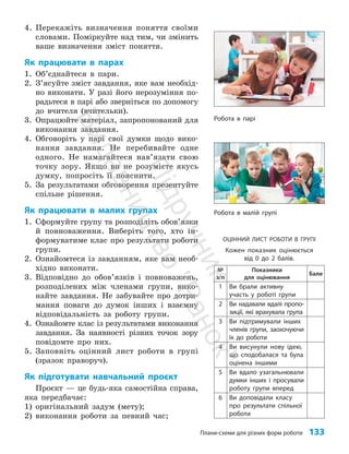 Плани-схеми для різних форм роботи 133
4. Перекажіть визначення поняття своїми
словами. Поміркуйте над тим, чи змінить
ваше визначення зміст поняття.
Як працювати в парах
1. Об’єднайтеся в пари.
2. З’ясуйте зміст завдання, яке вам необхід­
но виконати. У разі його нерозуміння по­
радьтеся в парі або зверніться по допомогу
до вчителя (вчительки).
3. Опрацюйте матеріал, запропонований для
виконання завдання.
4. Обговоріть у парі свої думки щодо вико­
нання завдання. Не перебивайте одне
одного. Не намагайтеся нав’язати свою
точку зору. Якщо ви не розумієте якусь
думку, попросіть її пояснити.
5. За результатами обговорення презентуйте
спільне рішення.
Як працювати в малих групах
1. Сформуйте групу та розподіліть обов’язки
й повноваження. Виберіть того, хто ін­
формуватиме клас про результати роботи
групи.
2. Ознайомтеся із завданням, яке вам необ­
хідно виконати.
3. Відповідно до обов’язків і повноважень,
розподілених між членами групи, вико­
найте завдання. Не забувайте про дотри­
мання поваги до думок інших і взаємну
відповідальність за роботу групи.
4. Ознайомте клас із результатами виконання
завдання. За наявності різних точок зору
повідомте про них.
5. Заповніть оцінний лист роботи в групі
(зразок праворуч).
Як підготувати навчальний проєкт
Проєкт — це будь-яка самостійна справа,
яка передбачає:
1) оригінальний задум (мету);
2) виконання роботи за певний час;
ОЦІННИЙ ЛИСТ РОБОТИ В ГРУПІ
Кожен показник оцінюється
від 0 до 2 балів.
№
з/п
Показники
для оцінювання
Бали
1 Ви брали активну
участь у роботі групи
2 Ви надавали вдалі пропо-
зиції, які врахувала група
3 Ви підтримували інших
членів групи, заохочуючи
їх до роботи
4 Ви висунули нову ідею,
що сподобалася та була
оцінена іншими
5 Ви вдало узагальнювали
думки інших і просували
роботу групи вперед
6 Ви доповідали класу
про результати спільної
роботи
Робота в парі
Робота в малій групі
П
і
д
р
у
ч
н
и
к
В
и
д
а
в
н
и
ц
т
в
о
"
Р
а
н
о
к
"
 