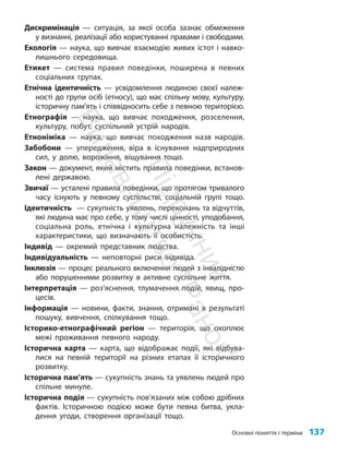 Основні поняття і терміни 137
Дискримінація — ситуація, за якої особа зазнає обмеження
у визнанні, реалізації або користуванні правами і свободами.
Екологія — наука, що вивчає взаємодію живих істот і навко-
лишнього середовища.
Етикет — система правил поведінки, поширена в певних
соціальних групах.
Етнічна ідентичність — усвідомлення людиною своєї належ-
ності до групи осіб (етносу), що має спільну мову, культуру,
історичну пам’ять і співвідносить себе з певною територією.
Етнографія — наука, що вивчає походження, розселення,
культуру, побут, суспільний устрій народів.
Етноніміка — наука, що вивчає походження назв народів.
Забобони — упередження, віра в існування надприродних
сил, у долю, ворожіння, віщування тощо.
Закон — документ, який містить правила поведінки, встанов-
лені державою.
Звичаї — усталені правила поведінки, що протягом тривалого
часу існують у певному суспільстві, соціальній групі тощо.
Ідентичність — сукупність уявлень, переконань та відчуттів,
які людина має про себе, у тому числі цінності, уподобання,
соціальна роль, етнічна і культурна належність та інші
характеристики, що визначають її особистість.
Індивід — окремий представник людства.
Індивідуальність — неповторні риси індивіда.
Інклюзія — процес реального включення людей з інвалідністю
або порушеннями розвитку в активне суспільне життя.
Інтерпретація — роз’яснення, тлумачення подій, явищ, про-
цесів.
Інформація — новини, факти, знання, отримані в результаті
пошуку, вивчення, спілкування тощо.
Історико-етнографічний регіон — територія, що охоплює
межі проживання певного народу.
Історична карта — карта, що відображає події, які відбува-
лися на певній території на різних етапах її історичного
розвитку.
Історична пам’ять — сукупність знань та уявлень людей про
спільне минуле.
Історична подія — сукупність пов’язаних між собою дрібних
фактів. Історичною подією може бути певна битва, укла-
дення угоди, створення організації тощо.
П
і
д
р
у
ч
н
и
к
В
и
д
а
в
н
и
ц
т
в
о
"
Р
а
н
о
к
"
 