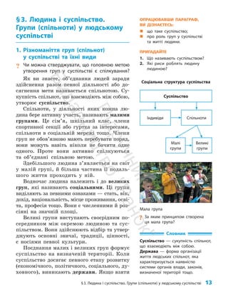 §3. Людина і суспільство. Групи (спільноти) у людському суспільстві 13
§3. Людина і суспільство.
Групи (спільноти) у людському
суспільстві
1. Різноманіття груп (спільнот)
у суспільстві та їхні види
? Чи можна стверджувати, що головною метою
утворення груп у суспільстві є спілкування?
Як ви знаєте, об’єднання людей заради
здійснення разом певної діяльності або до­
сягнення мети називається спільнотою. Су­
купність спільнот, що взаємодіють між собою,
утворює суспільство.
Спільноти, у діяльності яких кожна лю­
дина бере активну участь, називають малими
групами. Це сім’я, шкільний клас, члени
спортивної секції або гуртка за інтересами,
спільноти в соціальній мережі тощо. Члени
груп не обо­
в’язково мають перебувати поряд,
вони можуть навіть ніколи не бачити одне
одного. Проте вони активно спілкуються
та об’єднані спільною метою.
Здебільшого людина з’являється на світ
у малій групі, й більша частина її подаль­
шого життя проходить у ній.
Водночас людина належить і до великих
груп, які називають соціальними. Ці групи
виділяють за певними ознаками — стать, вік,
дохід, національність, місце проживання, осві­
та, професія тощо. Вони є численними й роз­
сіяні на значній площі.
Великі групи виступають своєрідним по­
середником між окремою людиною та сус­
пільством. Вони здійснюють відбір та утвер­
джують основні звичаї, традиції, цінності,
є носіями певної культури.
Поєднання малих і великих груп формує
суспільство на визначеній території. Коли
суспільство досягає певного етапу розвитку
(економічного, політичного, соціального, ду­
ховного), виникають держави. Якщо взяти
Мала група
?
? За яким принципом створена
ця мала група?
ОПРАЦЮВАВШИ ПАРАГРАФ,
ВИ ДІЗНАЄТЕСЬ:
„
„ що таке суспільство;
„
„ про роль груп у суспільстві
та житті людини.
ПРИГАДАЙТЕ
1. Що називають суспільством?
2. Які риси роблять людину
людиною?
Індивіди
Малі
групи
Спільноти
Великі
групи
Суспільство
Соціальна структура суспільства
Словник
Суспільство — сукупність спільнот,
що взаємодіють між собою.
Держава — форма організації
життя людських спільнот, яка
характеризується наявністю
системи органів влади, законів,
визначеної території тощо.
П
і
д
р
у
ч
н
и
к
В
и
д
а
в
н
и
ц
т
в
о
"
Р
а
н
о
к
"
 