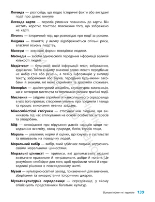 Основні поняття і терміни 139
Легенда — розповідь, що подає історичні факти або вигадані
події про давнє минуле.
Легенда карти — перелік умовних позначень до карти. Він
містить коротке текстове пояснення того, що зображено
на карті.
Літопис — історичний твір, що розповідає про події за роками.
Людина — поняття, у якому відображаються спільні риси,
властиві всьому людству.
Манери — зовнішні форми поведінки людини.
Масмедіа — засоби одночасного передання інформації великій
кількості людей.
Медіатекст — будь-який носій інформації: текст, зображення,
аудіозапис. Тобто в цьому значенні слово «текст» передбачає
не набір слів або речень, а певну інформацію у вигляді
тексту, зображення або звуків, переданих будь-якими засо-
бами й знаками, які може сприйняти та зрозуміти споживач.
Меморіал — архітектурний ансамбль, скульптурна композиція,
що є витвором мистецтва та переважно увічнює трагічні події.
Мислення — свідоме сприйняття навколишнього середовища
в усіх його проявах, створення уявлень про предмети і явища
та процес виконання певних завдань.
Міжособистісні стосунки — стосунки між людьми, що ви-
никають під час спілкування на основі особистих інтересів
та уподобань.
Міф — оповідання про вірування давніх народів щодо по-
ходження все­
світу, явищ природи, богів, героїв тощо.
Мораль — уявлення, норми й оцінки, що існують у суспільстві
та впливають на поведінку людей.
Моральний вибір — вибір, який здійснює людина, керуючись
своїми моральними цінностями.
Моральні цінності — приписи, які допомагають людині
визначати правильне й неправильне, добре й погане. Це
розуміння необхідне для того, щоб приймати чесні й спра-
ведливі рішення в повсякденному житті.
Музей — культурно-освітній заклад, призначений для вивчення,
зберігання та використання історичних джерел.
Мультикультурне середовище — середовище, у якому
співіснують представники багатьох культур.
П
і
д
р
у
ч
н
и
к
В
и
д
а
в
н
и
ц
т
в
о
"
Р
а
н
о
к
"
 