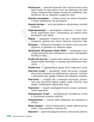 140 Основні поняття і терміни
Насильство — умисний фізичний або психологічний вплив
однієї особи на іншу проти її волі, що спричиняє цій особі
шкоду. Найжорстокіші форми насильства найбільше про-
являються під час збройних конфліктів, війн.
Наукова експедиція — поїздка вчених до певної місцевості
з метою проведення там досліджень.
Наукові методи — шлях дослідження, обґрунтовані способи
пізнання.
Недискримінація — рівноправне ставлення, а також ство-
рення додаткових умов і середовища, де людина може
реалізувати свої права.
Обряд — традиційні символічні дії, що в образній формі
передають важливі для певної людської спільноти події.
Опозиція — об’єднання громадян, які можуть вільно вислов-
люватися та вказувати на недоліки влади.
Організація Об’єднаних Націй (ООН) — міжнародна орга-
нізація, діяльність якої спрямована на захист міжнародної
безпеки й миру.
Особистий простір — умовні межі навколо людини, які вона
вважає своєю територією та захищає від зовнішнього втру-
чання.
Особистість — індивідуальна форма буття людського єства.
Пам’ятки історії — документи, твори мистецтва, споруди,
місця битв, поховань, що охороняються законом і пов’язані
з важливими для народу подіями або відомими особами.
Пам’ятник — споруда, яка є витвором мистецтва, призна-
чена для увічнення образу людей, подій, об’єктів, іноді
тварин, літературних персонажів тощо.
Парламент — вищий законодавчий орган влади в демокра-
тичних державах.
Періодизація історії — виокремлення послідовних етапів
у суспільному розвитку людства.
Повідомлення — певний набір інформації, що передається
комусь.
Права людини — блага й умови життя, якими забезпечується
особа з боку держави й суспільства.
Прислів’я — короткий народний вислів із повчальним змістом.
П
і
д
р
у
ч
н
и
к
В
и
д
а
в
н
и
ц
т
в
о
"
Р
а
н
о
к
"
 