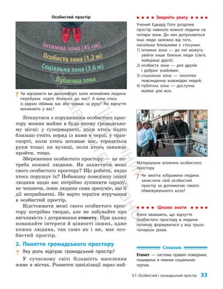 §7. Особистий і громадський простір 33
Цікаво знати
Вчені вважають, що відчуття
особистого простору в людини
починає формуватися у віці трьох-
чотирьох років.
?
? Чи відчуваєте ви дискомфорт, коли незнайома людина
перебуває надто близько до вас? А коли хтось
із рідних обіймає вас або тримає за руку? Які відчуття
виникають у вас?
Зіткнутися з порушенням особистого прос­
тору можна майже в будь-якому громадсько­
му місці: у супермаркеті, коли хтось надто
близько стоїть поряд із вами в черзі; у тран­
спорті, коли хтось штовхає вас, торкається
руки тощо; на вулиці, коли хтось заважає
пройти, тощо.
Збереження особистого простору — це по­
треба кожної людини. Як захистити межі
свого особистого прос­
тору? Що робити, якщо
хтось порушує їх? Небажану поведінку іншої
людини щодо вас потрібно зупиняти одразу,
не чекаючи, поки людина сама зрозуміє, що її
дії неприйнятні. Не варто терпіти втручання
в особистий простір.
Відстоювати межі свого особистого прос­
тору потрібно твердо, але не забувайте про
ввічливість і дотримання етикету. При цьому
поважайте інтереси й цінності інших, адже
кожна людина, так само як і ви, має осо­
бистий простір.
2. Поняття громадського простору
? Яку роль відіграє громадський простір?
У сучасному світі більшість населення
живе в містах. Розвиток цивілізації зараз най­
Зверніть увагу
Учений Едвард Голл розділив
простір навколо кожної людини на
чотири зони. До них допускаються
інші люди залежно від того,
наскільки близькими є стосунки:
1) інтимна зона — до неї можуть
увійти лише близькі люди (сім’я,
найкращі друзі);
2) особиста зона — для друзів
і добрих знайомих;
3) соціальна зона — охоплює
­
повсякденну взаємодію людей;
4) публічна зона — доступна
майже для всіх.
Матеріальне втілення особистого
простору
?
? Чи змог­
ла зображена людина
захистити свій особистий
простір за допомогою такого
обмежувального кола?
Особистий простір
Словник
Етикет — система правил поведінки,
поширена в певних соціальних
групах.
П
і
д
р
у
ч
н
и
к
В
и
д
а
в
н
и
ц
т
в
о
"
Р
а
н
о
к
"
 