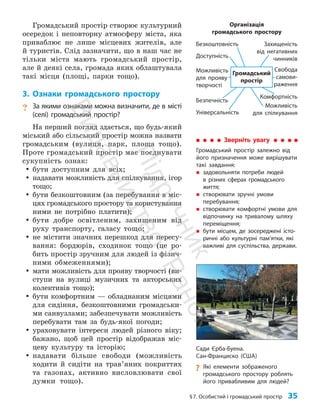 §7. Особистий і громадський простір 35
Громадський простір створює культурний
осередок і неповторну атмосферу міста, яка
приваблює не лише місцевих жителів, але
й туристів. Слід зазначити, що в наш час не
тільки міста мають громадський простір,
але й деякі села, громада яких облаштувала
такі місця (площі, парки тощо).
3. Ознаки громадського простору
? За якими ознаками можна визначити, де в місті
(селі) громадський простір?
На перший погляд здається, що будь-який
міський або сільський простір можна назвати
громадським (вулиця, парк, площа тощо).
Проте громадський простір має поєднувати
сукупність ознак:
y
y бути доступним для всіх;
y
y надавати можливість для спілкування, ігор
тощо;
y
y бути безкоштовним (за перебування в міс­
цях громадського простору та користування
ними не потрібно платити);
y
y бути добре освітленим, захищеним від
руху транспорту, галасу тощо;
y
y не містити значних перешкод для пересу­
вання: бордюрів, сходинок тощо (це ро­
бить простір зручним для людей із фізич­
ними обмеженнями);
y
y мати можливість для прояву творчості (ви­
ступи на вулиці музичних та акторських
колективів тощо);
y
y бути комфортним — обладнаним місцями
для сидіння, безкоштовними громадськи­
ми санвузлами; забезпечувати можливість
перебувати там за будь-якої погоди;
y
y ураховувати інтереси людей різного віку;
бажано, щоб цей простір відображав міс­
цеву культуру та історію;
y
y надавати більше свободи (можливість
ходити й сидіти на трав’яних покриттях
та газонах, активно висловлювати свої
думки тощо).
Зверніть увагу
Громадський простір залежно від
його призначення може вирішувати
такі завдання:
„
„ задовольняти потреби людей
в різних сферах громадського
життя;
„
„ створювати зручні умови
перебування;
„
„ створювати комфортні умови для
відпочинку на тривалому шляху
переміщення;
„
„ бути місцем, де зосереджені істо-
ричні або культурні пам’ятки, які
важливі для суспільства, держави.
Можливість
для прояву
творчості
Свобода
самови-
раження
Можливість
для спілкування
Універсальність
Комфортність
Безпечність
Захищеність
від негативних
чинників
Безкоштовність
Доступність
Громадський
простір
Організація
громадського простору
Сади Єрба-Буена.
Сан-Франциско (США)
?
? Які елементи зображеного
громадського простору роблять
його привабливим для людей?
П
і
д
р
у
ч
н
и
к
В
и
д
а
в
н
и
ц
т
в
о
"
Р
а
н
о
к
"
 