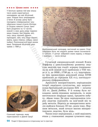 94 Розділ V. Орієнтування в історичному часі та просторі
Сучасний американський вчений Елвін
Тоффлер у цивілізаційному розвитку люд­
ства виділив три стадії: аграрну (переважа­
ла на всій земній кулі приблизно з VIII тис.
до н. е. до 1650—1750 рр. н. е.), індустріаль­
ну (від промислових революцій кінця XVIII
приблизно до середини ХХ ст.), пост­
інду­
ст­
рі­альну (інформаційну).
Археологи використовують періодизацію
історії людського суспільства, яку запропо­
нував британський дослідник ХІХ — початку
ХХ ст. Джон Леббок. У її основу було по­
кладено зміни основних матеріалів, із яких
виготовляли знаряддя праці, предмети побу­
ту, зброю тощо. За цією періодизацією істо­
рію людства поділяють на кам’я­
ний вік та
добу металів. Перехід до використання мета­
лів відбувся близько 10 тис. років тому. Пер­
шим металом, який почало масово викорис­
товувати людство, була мідь.
Також існує періодизація, у якій виділяють
етапи у становленні людини сучасного виду.
Сонячний годинник, яким
користувалися в Давній Греції
Цікаво знати
У багатьох країнах Азії вже кілька
тисяч років користуються
календарем, що має 60-річний
цикл. Уперше його запровадили
в Китаї. В основу циклу було
покладено співвідношення часу
обертання планет-гігантів Юпітера
й Сатурна навколо Сонця. Цикл
було розділено на 12 частин,
кожній із яких дали назву тварини:
миша (пацюк), бик (корова, віл),
тигр, заєць (кролик), дракон
(крокодил), змія, кінь, вівця (баран),
мавпа, курка (півень), собака, свиня
(кабан). Розпочинається цикл роком
миші. Теперішній 60-річний цикл
триває з 1984 р.
Давньоримський календар, висічений на камені. Угорі
зображені боги, які керують днями тижня (починаючи
із суботи). У центрі зображені знаки зодіаку, а ліворуч
і праворуч — числа місяця
П
і
д
р
у
ч
н
и
к
В
и
д
а
в
н
и
ц
т
в
о
"
Р
а
н
о
к
"
 