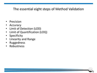 The essential eight steps of Method Validation
• Precision
• Accuracy
• Limit of Detection (LOD)
• Limit of Quantification (LOQ)
• Specificity
• Linearity and Range
• Ruggedness
• Robustness
 