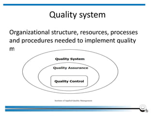 Quality system
Organizational structure, resources, processes
and procedures needed to implement quality
management (ISO, NCCLS)
Institute of Applied Quality Management 16
 