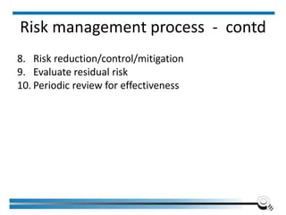 8. Risk reduction/control/mitigation
9. Evaluate residual risk
10. Periodic review for effectiveness
Institute of Applied Quality Management 259
Risk management process - contd
 