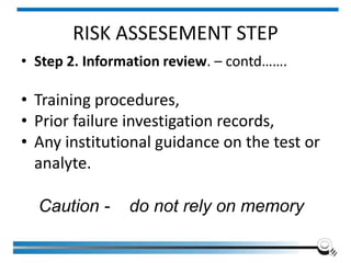 RISK ASSESEMENT STEP
• Step 2. Information review. – contd…….
• Training procedures,
• Prior failure investigation records,
• Any institutional guidance on the test or
analyte.
Institute of Applied Quality Management 263
Caution - do not rely on memory
 