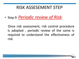 RISK ASSESEMENT STEP
• Step 9 Periodic review of Risk:
Once risk assessment, risk control procedure
is adopted , periodic review of the same is
required to understand the effectiveness of
risk
Institute of Applied Quality Management 270
 