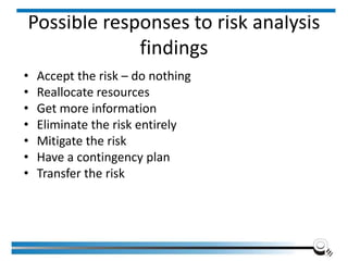 Possible responses to risk analysis
findings
• Accept the risk – do nothing
• Reallocate resources
• Get more information
• Eliminate the risk entirely
• Mitigate the risk
• Have a contingency plan
• Transfer the risk
Institute of Applied Quality Management 271
 