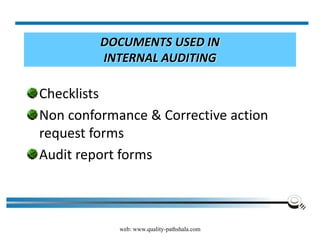 web: www.quality-pathshala.com
DOCUMENTS USED IN
INTERNAL AUDITING
Checklists
Non conformance & Corrective action
request forms
Audit report forms
 