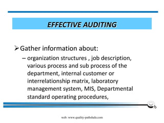 web: www.quality-pathshala.com
EFFECTIVE AUDITING
Gather information about:
– organization structures , job description,
various process and sub process of the
department, internal customer or
interrelationship matrix, laboratory
management system, MIS, Departmental
standard operating procedures,
 