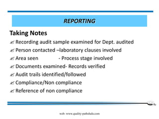web: www.quality-pathshala.com
REPORTING
Taking Notes
Recording audit sample examined for Dept. audited
Person contacted –laboratory clauses involved
Area seen - Process stage involved
Documents examined- Records verified
Audit trails identified/followed
Compliance/Non compliance
Reference of non compliance
 