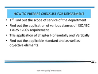 web: www.quality-pathshala.com
HOW TO PREPARE CHECKLIST FOR DEPARTMENT
• 1ST Find out the scope of service of the department
• Find out the application of various clauses of ISO/IEC
17025 : 2005 requirement
• This application of chapter Horizontally and Vertically
• Find out the applicable standard and as well as
objective elements
 