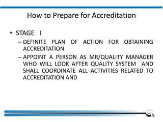 How to Prepare for Accreditation
• STAGE I
– DEFINITE PLAN OF ACTION FOR OBTAINING
ACCREDITATION
– APPOINT A PERSON AS MR/QUALITY MANAGER
WHO WILL LOOK AFTER QUALITY SYSTEM AND
SHALL COORDINATE ALL ACTIVITIES RELATED TO
ACCREDITATION AND
Institute of Applied Quality Management
 