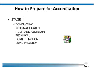 How to Prepare for Accreditation
• STAGE III
– CONDUCTING
INTERNAL QUALITY
AUDIT AND ASCERTAIN
TECHNICAL
COMPETENCE ON
QUALITY SYSTEM
Institute of Applied Quality Management
 